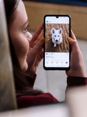 woman showing the viewer a picture of a dog on a phone